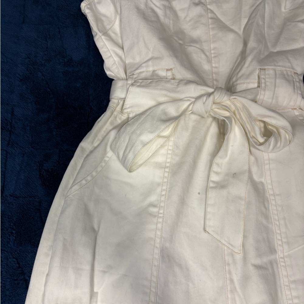 American Eagle Women White Denim Strappy Tie Belt Jumpsuit - Picture 4 of 9